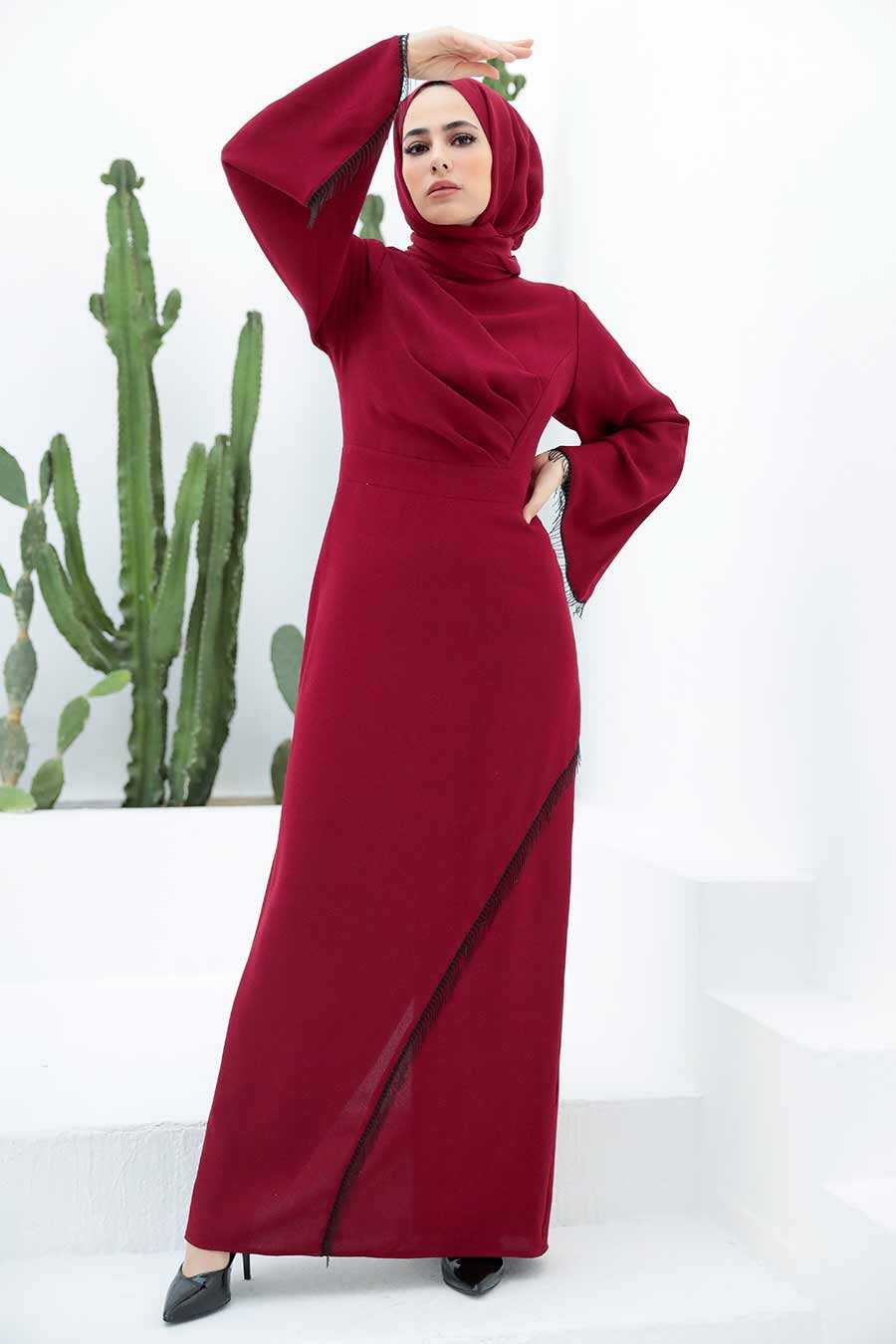 Claret Red Hijab Evening Dress 33150BR