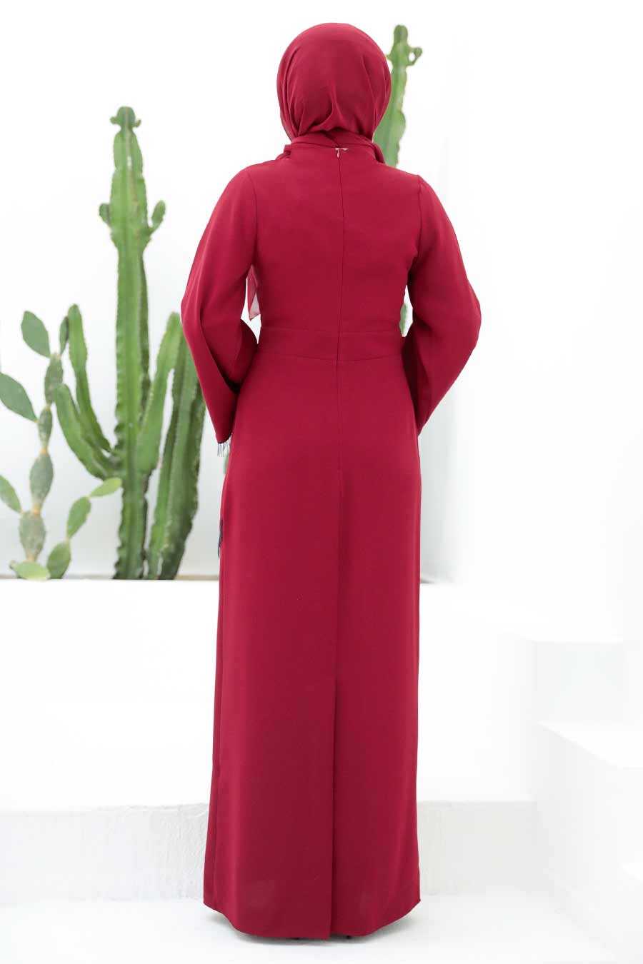 Claret Red Hijab Evening Dress 33150BR