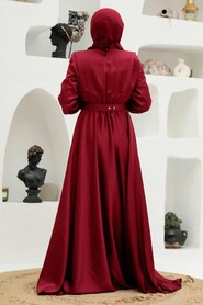 Claret Red Hijab Evening Dress 3378BR - Thumbnail