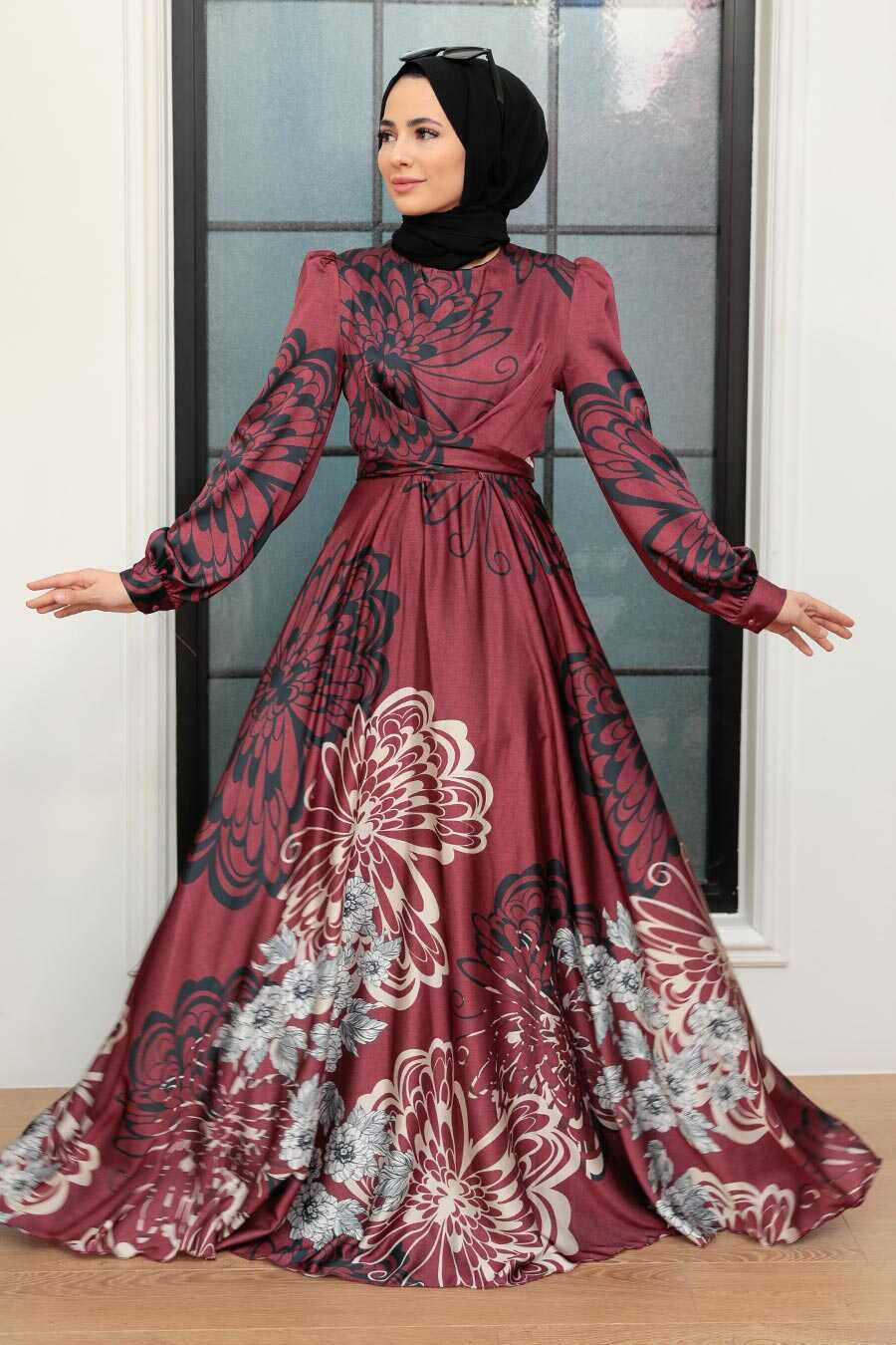 Claret Red Hijab Evening Dress 3432BR
