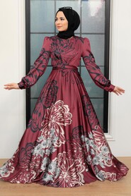 Claret Red Hijab Evening Dress 3432BR - Thumbnail
