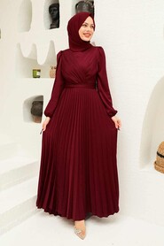 Claret Red Hijab Evening Dress 3452BR - Thumbnail