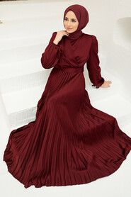 Claret Red Hijab Evening Dress 3452BR - Thumbnail
