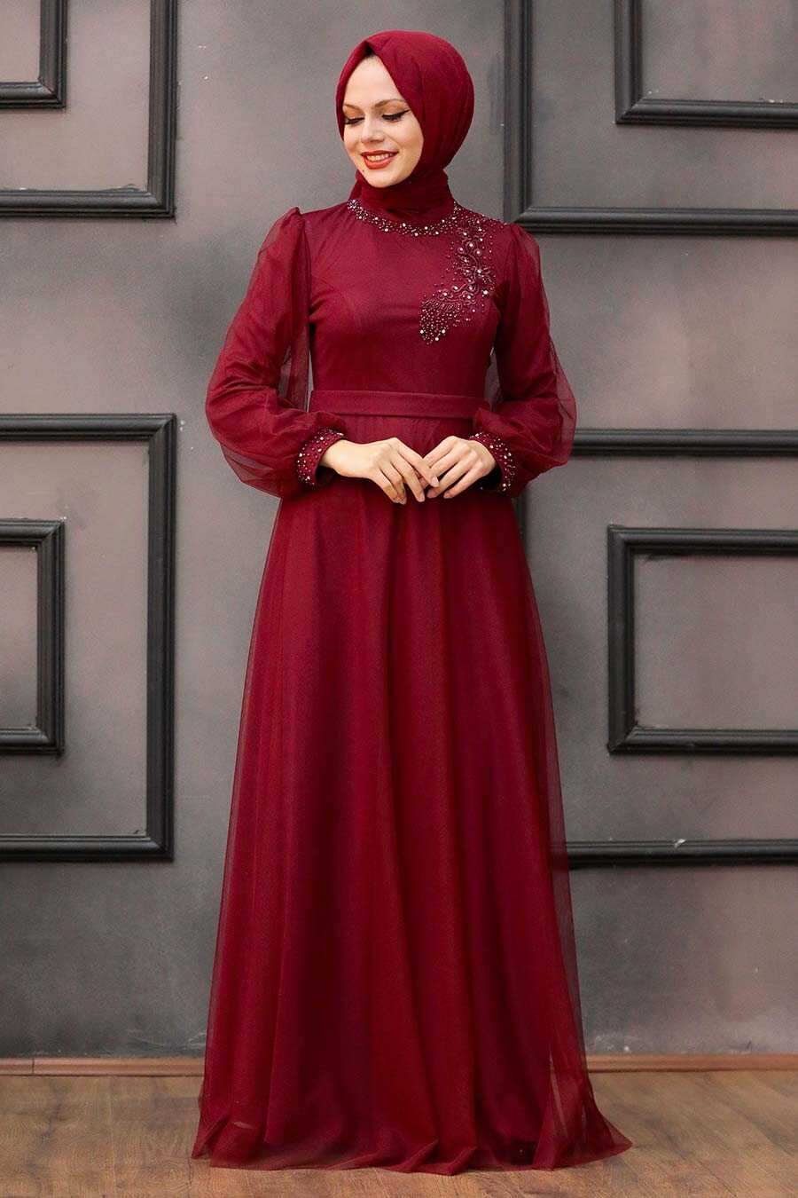 Claret Red Hijab Evening Dress 34880BR - Neva-style.com