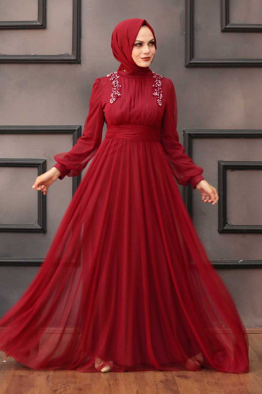 Claret Red Hijab Evening Dress 4348BR - Neva-style.com