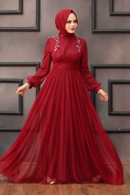 Claret Red Hijab Evening Dress 4348BR - Neva-style.com