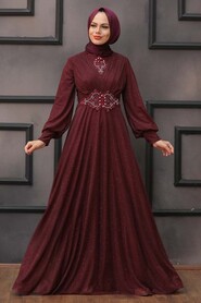Claret Red Hijab Evening Dress 50151BR - Thumbnail