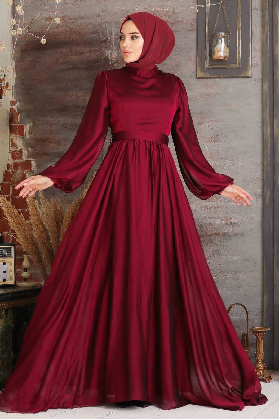 Claret Red Hijab Evening Dress 5215BR