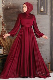 Claret Red Hijab Evening Dress 5215BR - Thumbnail
