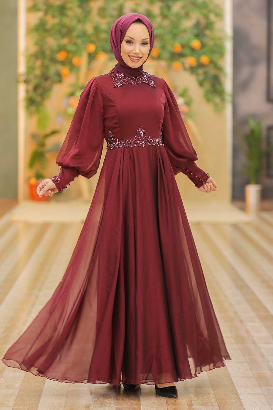 Claret Red Hijab Evening Dress 52779BR 