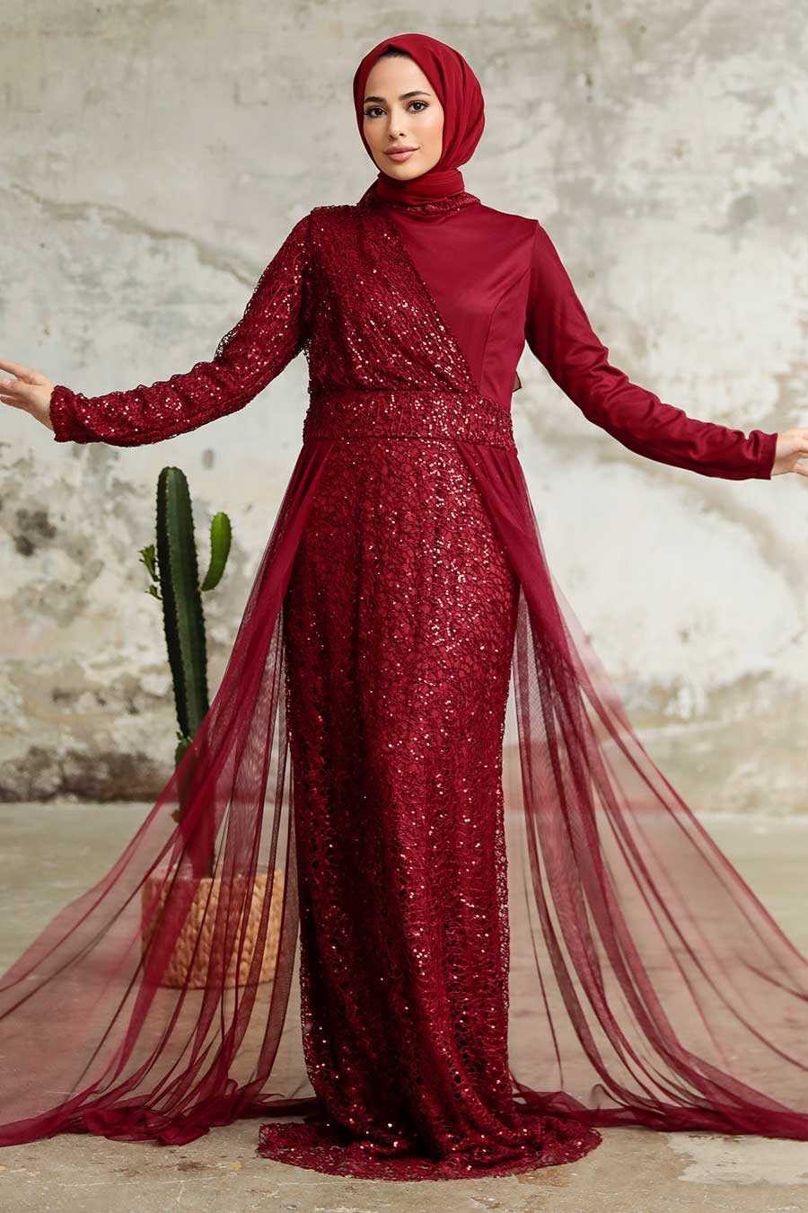 Claret Red Hijab Evening Dress 5345BR