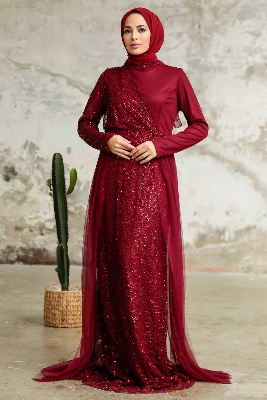 Claret Red Hijab Evening Dress 5345BR