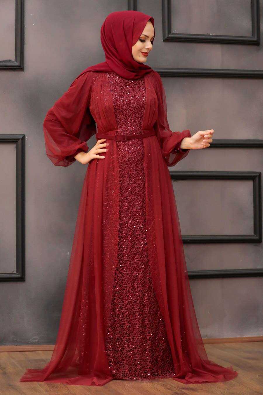 Claret Red Hijab Evening Dress 5383BR