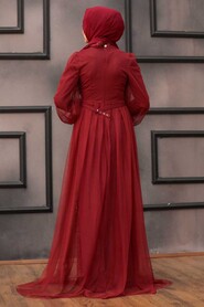 Claret Red Hijab Evening Dress 5383BR - Thumbnail