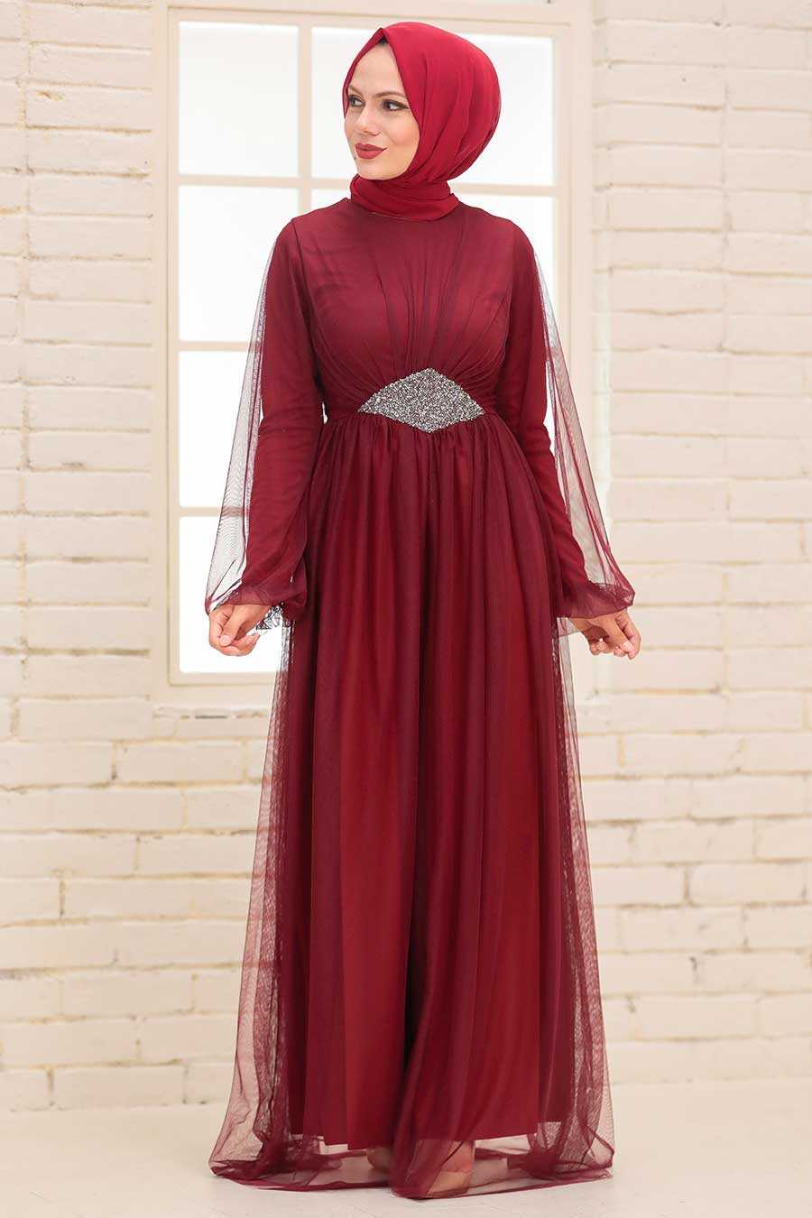 Claret Red Hijab Evening Dress 54230BR