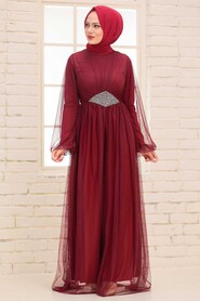 Claret Red Hijab Evening Dress 54230BR - Thumbnail