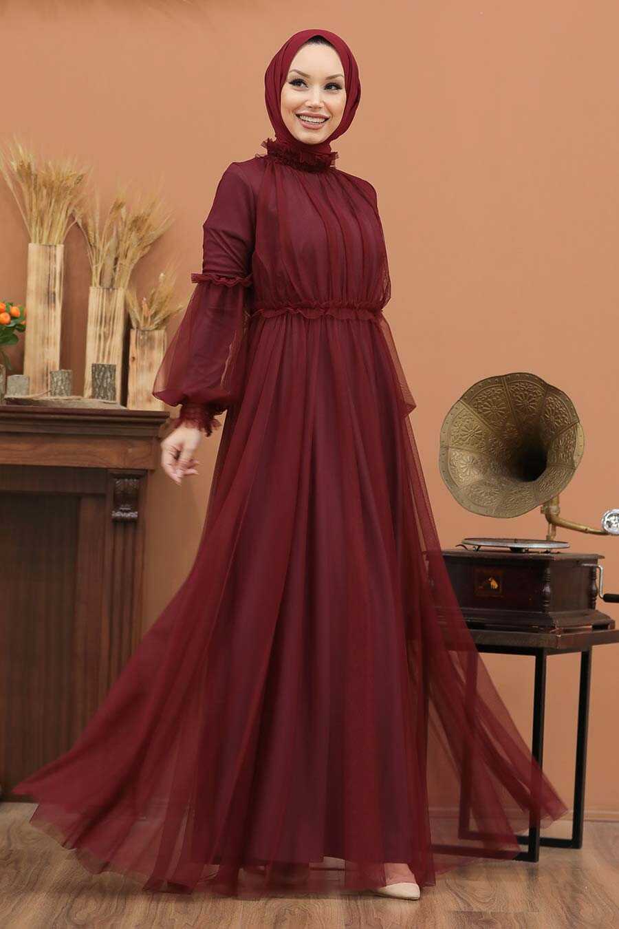 Claret Red Hijab Evening Dress 5474BR - Neva-style.com