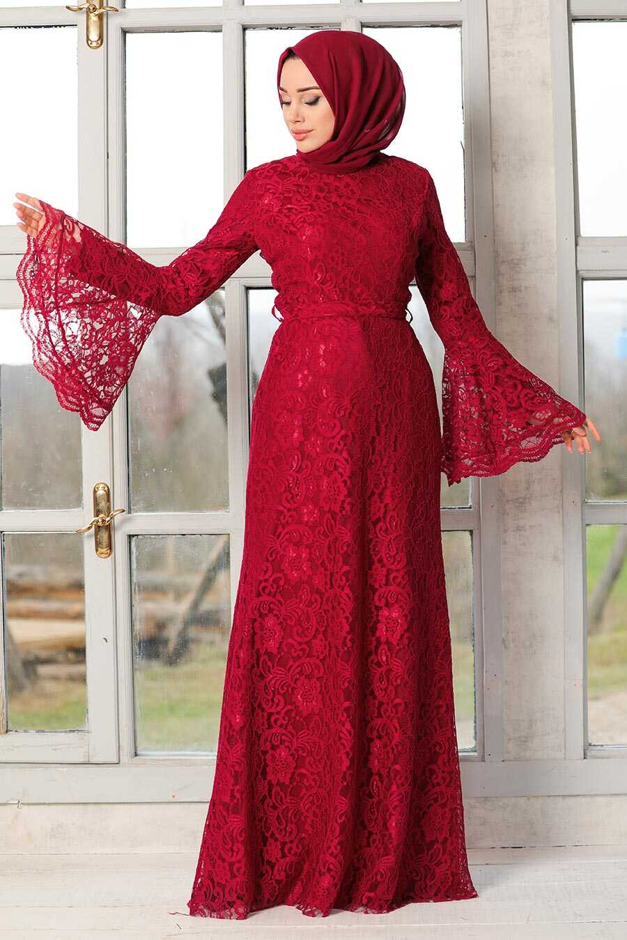 Claret Red Hijab Evening Dress 5487BR - Neva-style.com