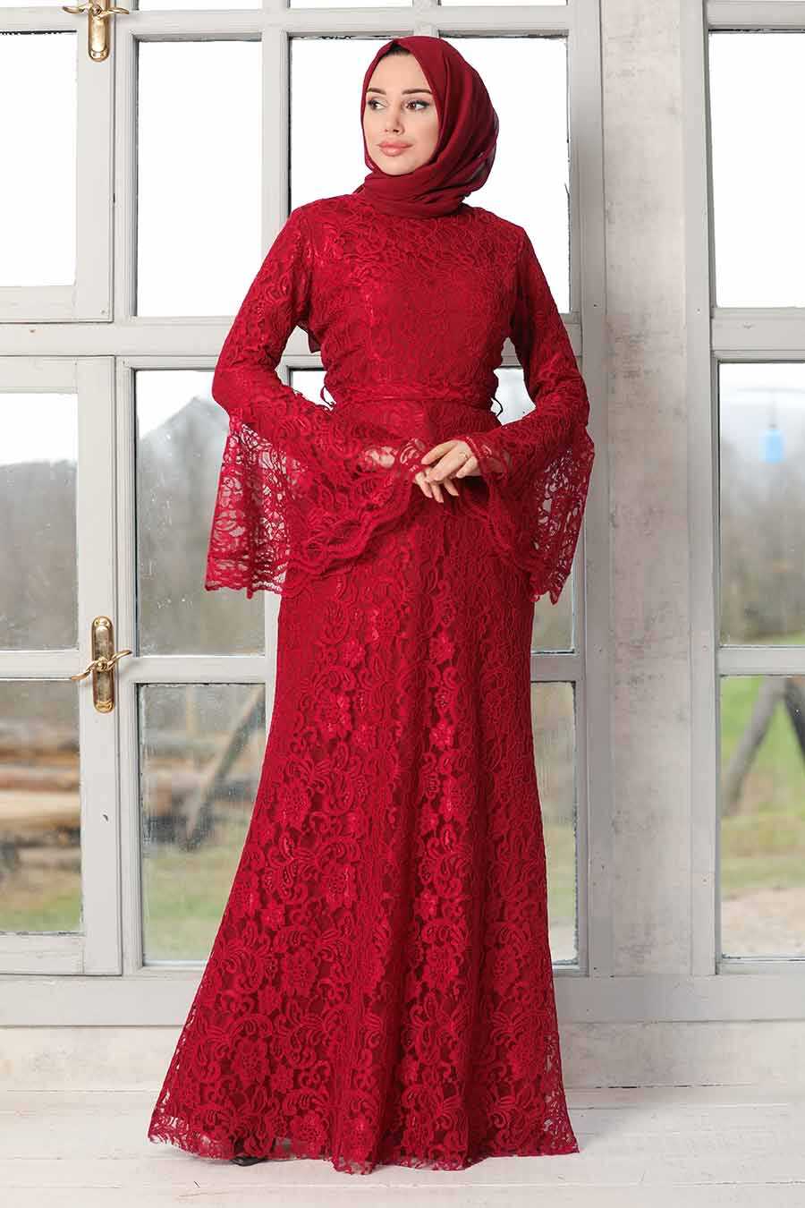 Claret Red Hijab Evening Dress 5487BR - Neva-style.com