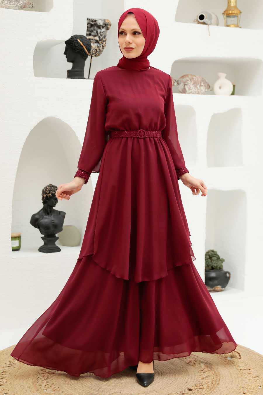 Claret Red Hijab Evening Dress 5489BR