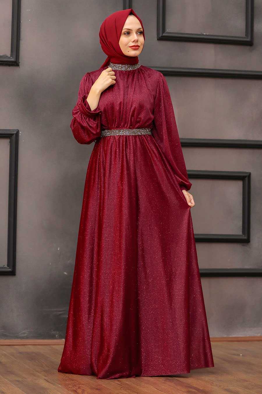 Claret Red Hijab Evening Dress 5501BR