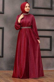 Claret Red Hijab Evening Dress 5501BR - Thumbnail