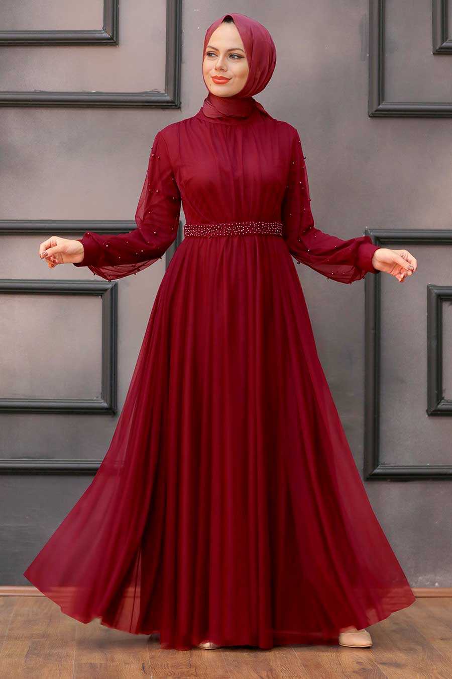 Claret Red Hijab Evening Dress 5514BR
