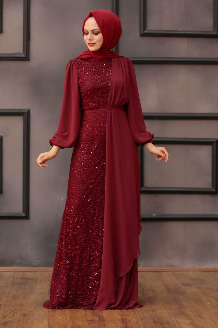 Claret Red Hijab Evening Dress 5516BR - Neva-style.com