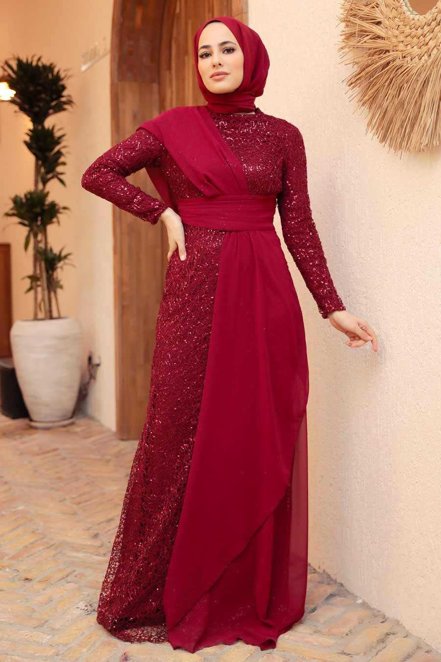 Claret Red Hijab Evening Dress 56180BR