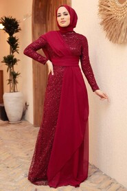 Claret Red Hijab Evening Dress 56180BR - Thumbnail