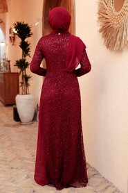 Claret Red Hijab Evening Dress 56180BR - Thumbnail