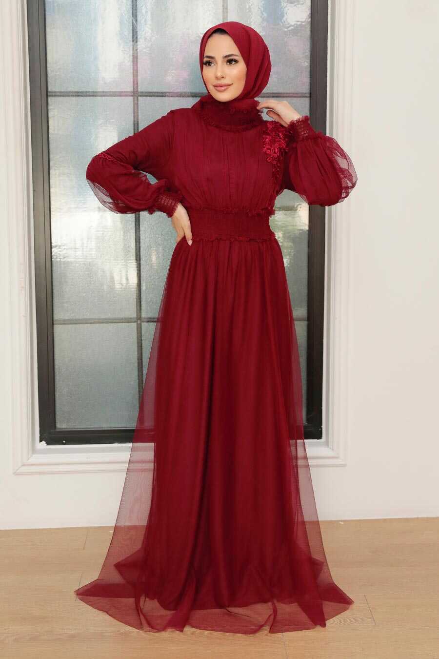 Claret Red Hijab Evening Dress 56520BR
