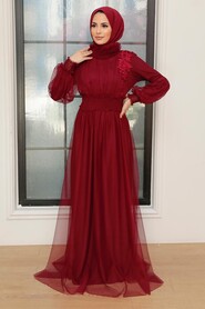 Claret Red Hijab Evening Dress 56520BR - Thumbnail