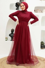 Claret Red Hijab Evening Dress 56641BR - Thumbnail
