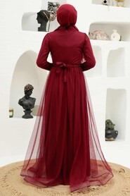 Claret Red Hijab Evening Dress 56641BR - Thumbnail