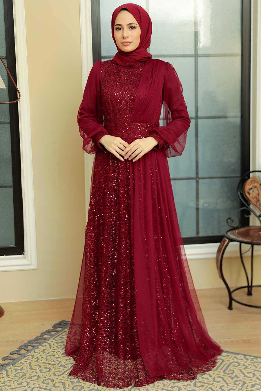 Claret Red Hijab Evening Dress 5696BR