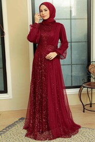 Claret Red Hijab Evening Dress 5696BR - Thumbnail