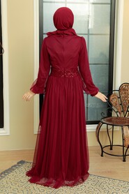 Claret Red Hijab Evening Dress 5696BR - Thumbnail
