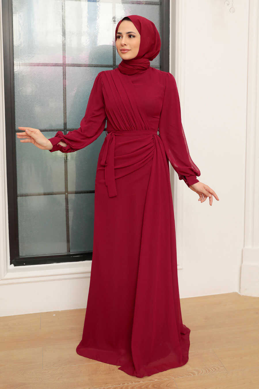 Claret Red Hijab Evening Dress 5711BR