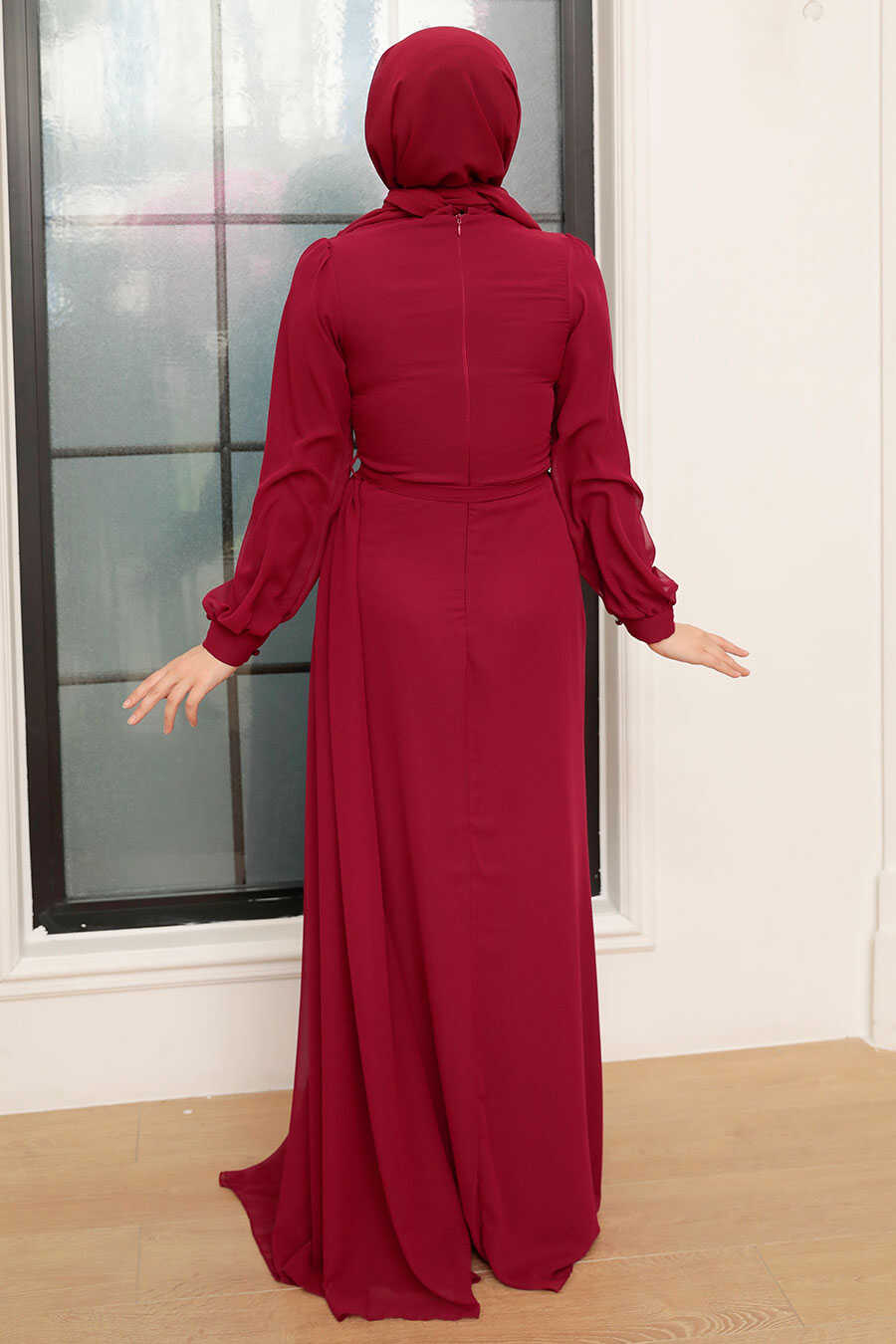 Claret Red Hijab Evening Dress 5711BR
