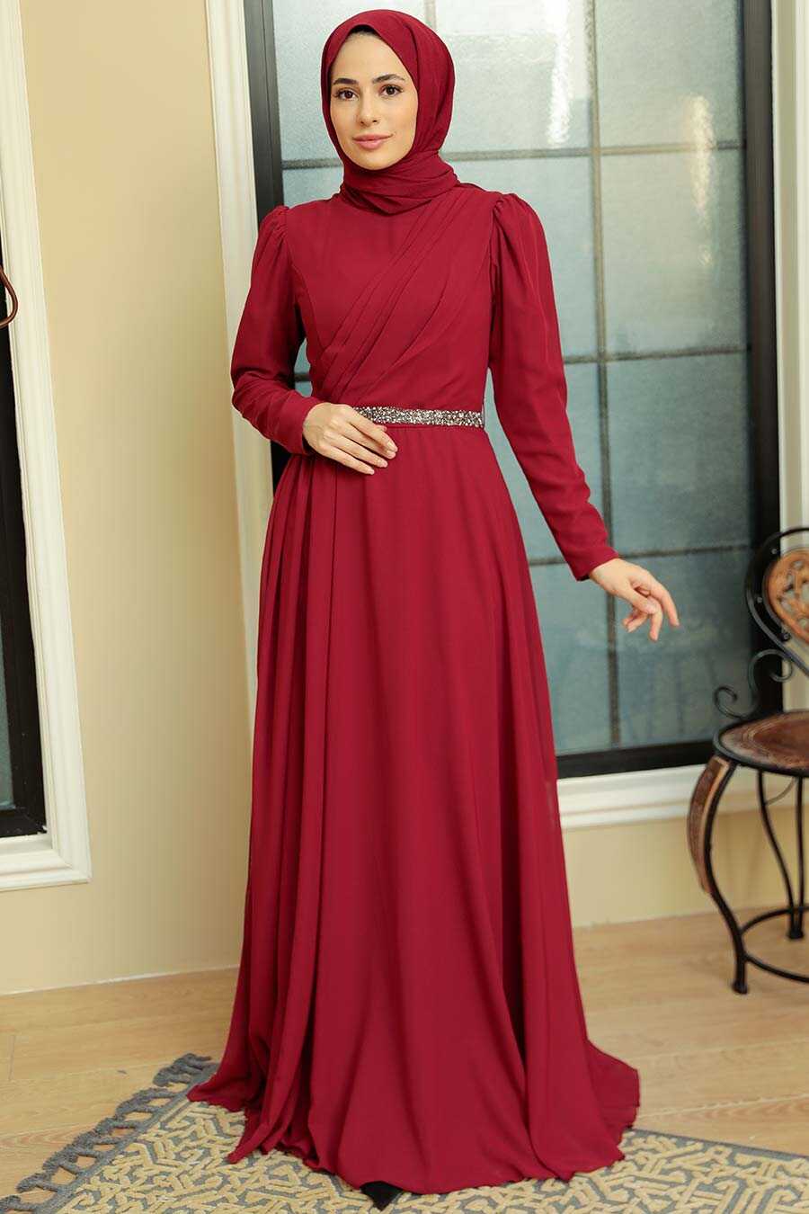 Claret Red Hijab Evening Dress 5737BR
