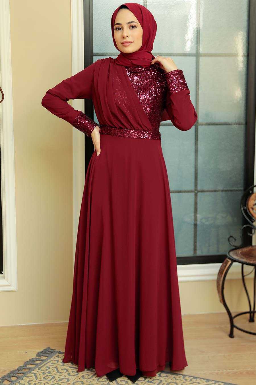 Claret Red Hijab Evening Dress 5793BR