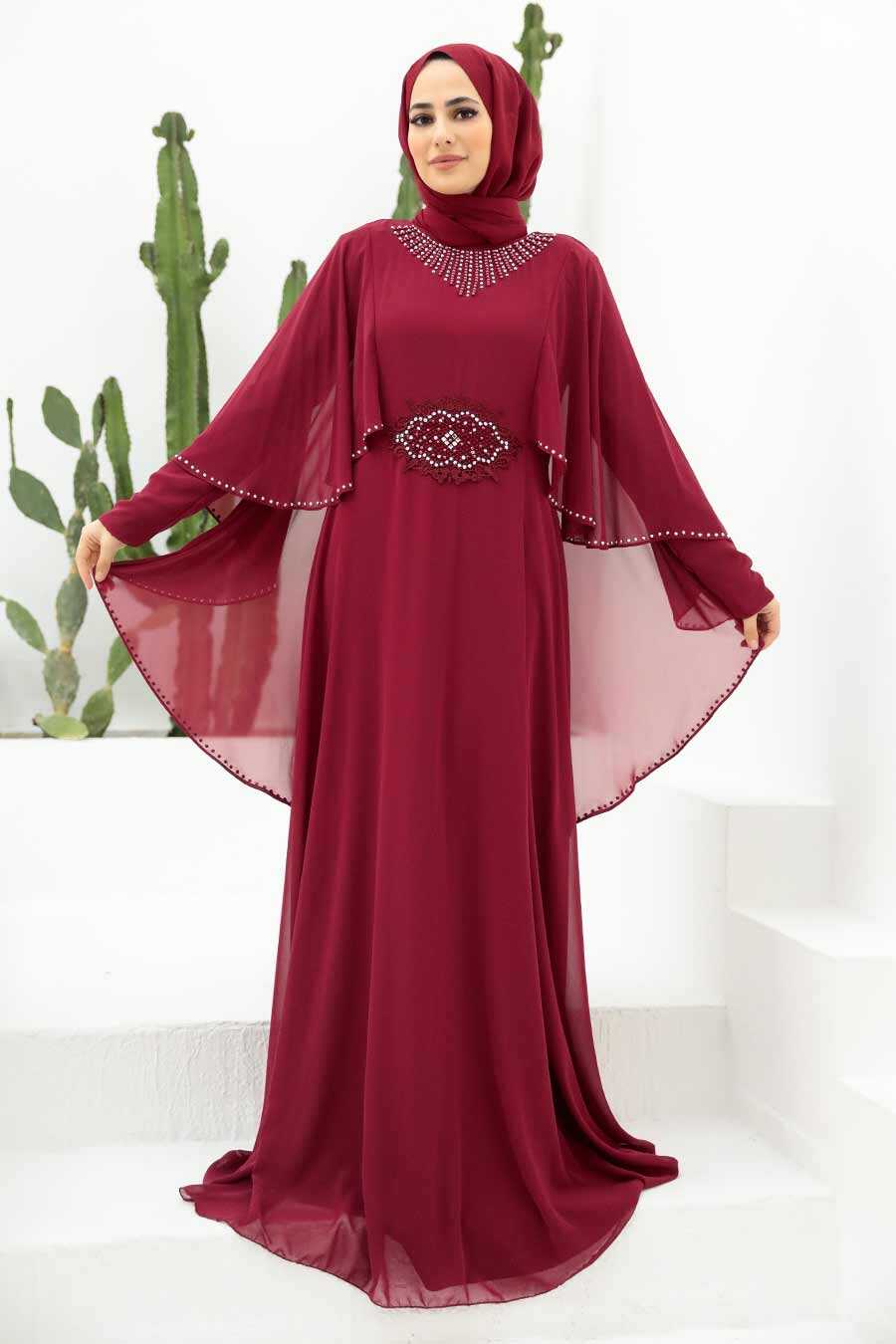 Claret Red Hijab Evening Dress 91501BR