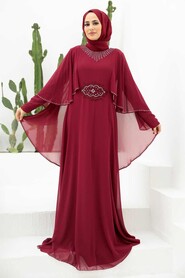Claret Red Hijab Evening Dress 91501BR - Thumbnail