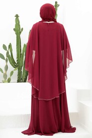 Claret Red Hijab Evening Dress 91501BR - Thumbnail