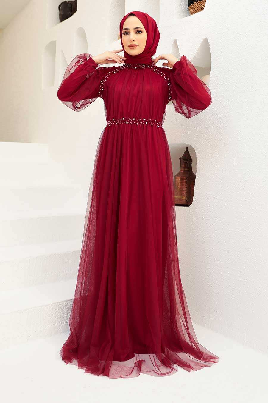 Claret Red Hijab Evening Dress 9170BR