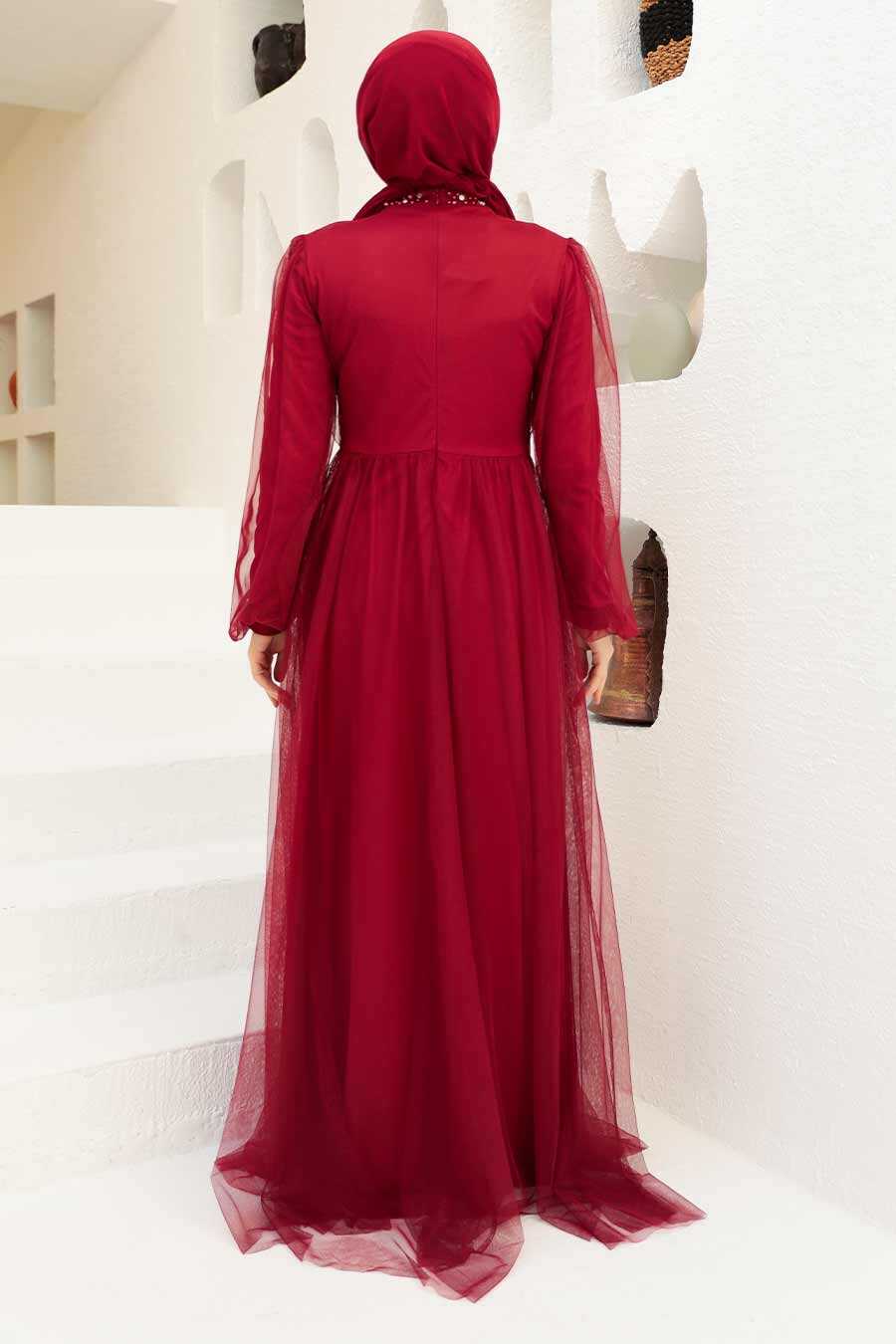 Claret Red Hijab Evening Dress 9170BR