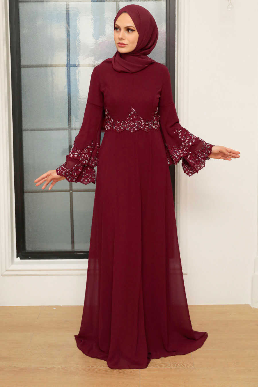 Claret Red Hijab Evening Dress 9181BR
