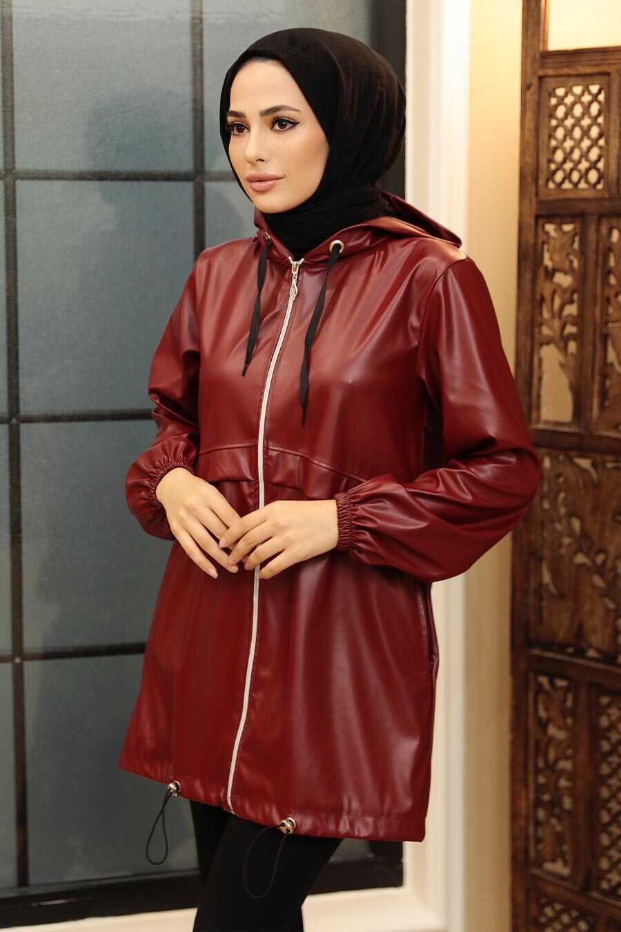 Claret Red Hijab Faux Leather Cap 50204BR