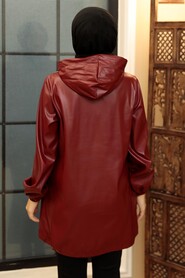 Claret Red Hijab Faux Leather Cap 50204BR - Thumbnail